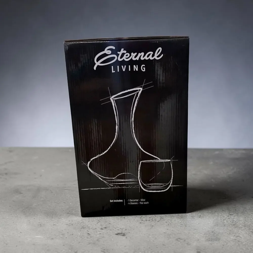 Eternal Living 5pc Wine Decanter Set with 4 Stemless Wine Glasses New In Box